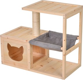 PawHut wielofunkcyjny domek dla kota z drapakiem hamakiem i słupkiem sizalowym drewno jodłowe naturalne | Aosom PL