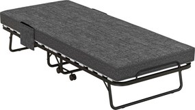 HOMCOM Łóżko Składane, Materac, 4 Koła, Stelaż Metalowy, do 150 kg, 190 x 80 x 42 cm, Ciemnoszary