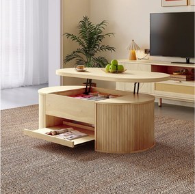 Jasny, naturalny stolik kawowy z podnoszonym blatem i wysuwaną półką – idealny do salonów i gabinetów