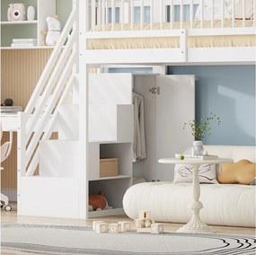 Łóżko piętrowe dla dzieci - 90 x 200 - z barierką + szafa + półki - drewno - białe