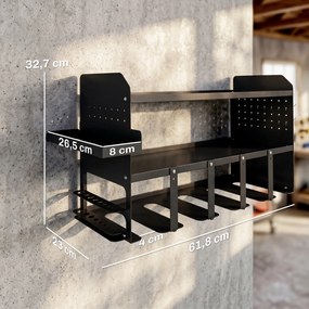 Outsunny Organizer narzędzi ogrodowych 2-poziomowy stojak na narzędzia z hakami boczna półka do 50 kg 61,8 x 23 x 32,7cm Czarny | Aosom PL