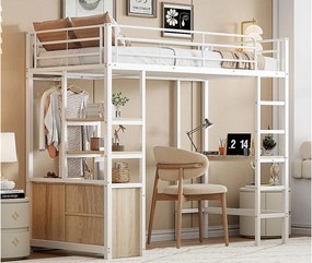 Łóżko mezzanine 90x200cm z metalu - z biurkiem + gniazdami USB + barierkami - Białe
