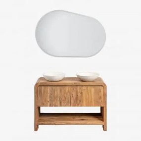 Zestaw Mebli Łazienkowych Z Drewna Vacry Akacja Brąz & 2 X Okrągły Biały Cement Ø40 Cm Zavion & Owalna Lampa Led I Przeciwmgielna 120x80 Cm Riben & Be