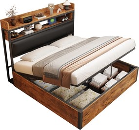 Łóżko z pojemnikiem 180x200 cm - z portem USB i półkami - czarne (materac nie jest wliczony w cenę)