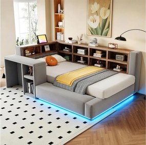 Łóżko tapicerowane 90 x 200 cm ze schowkiem w zagłówku, przegródkami, diodami LED i gniazdkami - Aksamit + MDF - Ciemnoszary (Materac nie jest wliczony w cenę)