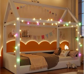 Łóżko domek 90x200cm - z listwą LED - Design dachu - MDF - Beżowy (materac nie jest wliczony w cenę)