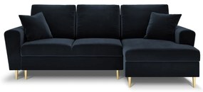 Ciemnoniebieski aksamitny rozkładany/ze schowkiem narożnik (prawostronny/z szezlongiem) Kyoto – Cosmopolitan Design