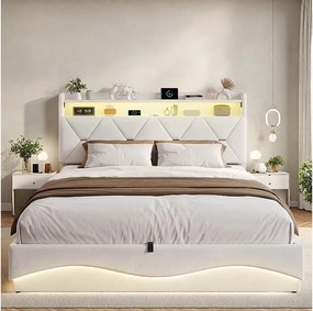 Stelaż łóżka z pojemnikiem hydraulicznym - 160 x 200 cm - Port ładowania USB i pojemnik na zagłówek - Welur - Beżowy