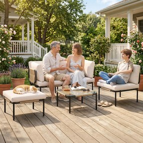 Outsunny Zestaw mebli z polirattanu 5-częściowy, 3 fotele, stolik ze szkła, podnóżek, szerokie i głębokie siedziska, zdejmowane poduszki | Aosom PL