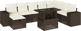 Zestaw Mebli Ogrodowych Modułowych 9 szt. Brązowy Polirotan z Poduszkami i Stołem ze Szklanym Blatem
