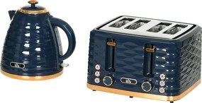 HOMCOM Zestaw czajnika i tostera 2 w 1, 7 poziomów opiekania, funkcje rozmrażania i podgrzewania, Niebieski