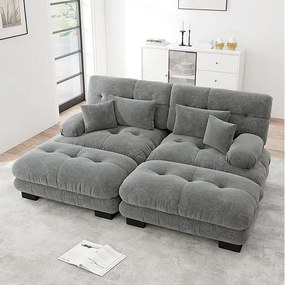 Sofa narożna 2-osobowa + 2 pufy - z 4 poduszkami - tkanina plusz szara - 220x145x81cm