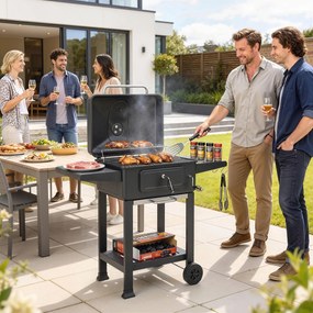 Outsunny Grill węglowy BBQ Smoker z pokrywą, termometrem, regulowaną tacą na węgiel, rusztem, bocznym stołem i szufladą na popiół | Aosom PL