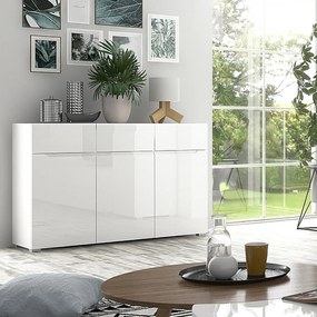 Komoda Trzydrzwiowa z Szufladami do Salonu MIST 135 cm Biały połysk Nowoczesna