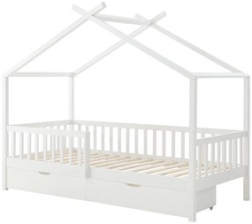 Łóżko domek 90 x 190 cm z szufladami - Drewno sosnowe i MDF - Biały - KIRALIO