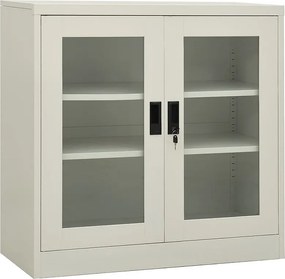 Jasnoszara szafa biurowa 90x40x90 cm ze stali z drzwiami z hartowanego szkła, 2 regulowanymi półkami i zamkiem zabezpieczającym