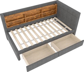 Łóżko pojedyncze 90 x 200 cm - Sofa rozkładana z 2 szufladami i ładowarką USB - dużo miejsca do przechowywania - szara pościel - materac nie jest wliczony w cenę