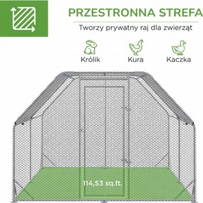 PawHut Kurnik Kurnik Woliera, z możliwością wejścia, zamknięte drzwi, na 10-12 kur, 280 cm x 380 cm x 195 cm, Szary