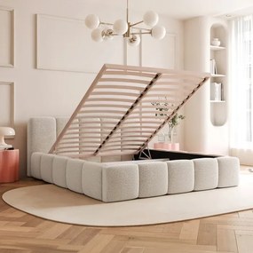 Łóżko Tapicerowane 160x200 cm VELMO z Pojemnikiem Beżowe Boucle Japandi