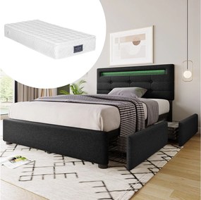 Łóżko dla dorosłych 90x200 cm - Łóżko pojedyncze z 2 szufladami i oświetleniem LED - pościel czarna - materac w komplecie
