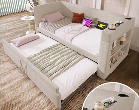 Tapicerowana sofa 90x190 cm - z łóżkiem wysuwanym 90x190 cm - z portami USB i Type-C - z uchwytem na kubek - Beżowy (bez materaca)