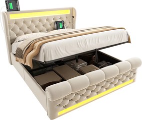 Łóżko skrzynia tapicerowane 160x200cm - z LED - z portami USB i Type-C - Welur - Beżowy