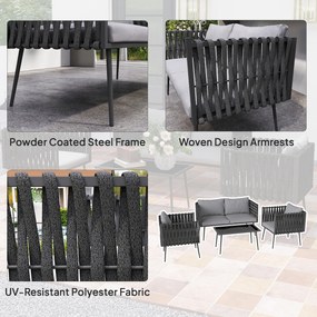 Outsunny Zestaw mebli ogrodowych dla 4 osób, odporny na warunki atmosferyczne, zestaw balkonowy z sofą dwuosobową, fotelami, stolikiem i poduszkami, Jasnoszary