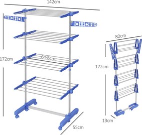HOMCOM Wieszak na ubrania Suszarka do ubrań 5 poziomów, składany, system One-Klick, 142 cm x 55 cm x 172 cm, Niebieski + Srebrny