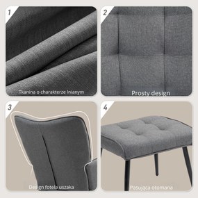 HOMCOM Fotel Bujany z Podnóżkiem, Komfortowy, do 130 kg, Wygląd Lnu, 64x89x90cm, Ciemnoszary