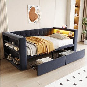 Sofa tapicerowana z funkcją spania - 90 x 190 cm - z oświetleniem LED + gniazdko + 2 szuflady + półka - Flanela - ciemnoszara