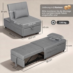 HOMCOM 3-w-1 fotel rozkładany z boczną kieszenią, łóżko dla gości z poduszką, regulowane oparcie, fotel-łóżko na kółkach, Jasnoszary | Aosom PL