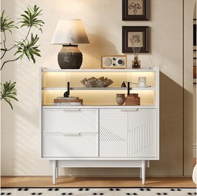 Nowoczesna komoda - 80 x 35 x 80 cm - z 2 szufladami + 1 drzwiami drewnianymi + 2 drzwiami przesuwnymi ze szkła - MDF - biała