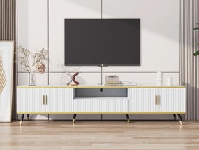 Nowoczesny mebel TV 200 cm - Z 4 drzwiami i 1 szufladą - efekt marmuru - Biały i Złoty