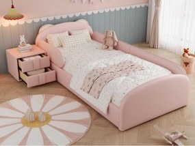 Tapicerowane łóżko dziecięce 90x200 cm - wezgłowie w kształcie niedźwiedzia - ze stolikiem nocnym - Welur + sklejka - Różowy​ (bez materaca)