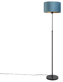 Lampa stojąca czarna z niebieskim aksamitnym abażurem ze złotem 35 cm - ParteWiejski/ Rustykalny / Vintage Oswietlenie wewnetrzne
