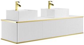 Podwieszana szafka łazienkowa prążkowana ze złotymi wykończeniami, 2 szuflady z podwójną umywalką nablatową kwadratową - Biała - 150 cm - KELIZA