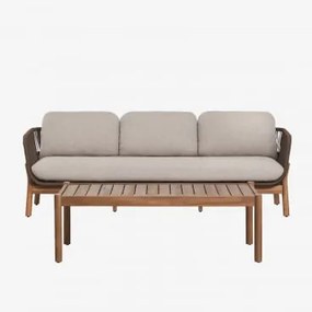 Zestaw Ogrodowy Z 3-osobową Sofą I Prostokątnym Stolikiem Kawowym 120x60 Cm Z Drewna Akacjowego I Plecionej Liny Karvia Akacja Brąz & Tkanina W Kolorz