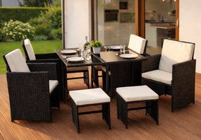Zestaw mebli ogrodowych Concept technorattan 4 fotele + 2 pufy stół szkło hartowane czarny/kremowy taras balkon patio