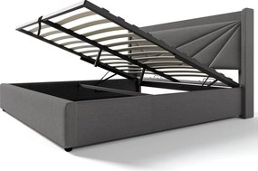 Łóżko ze schowkiem 140 x 200 cm z zagłówkiem - USB + typ C - tkanina lniana - szare + Materac