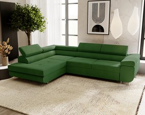 Emporius Sorlo narożnik z funkcją spania i pojemnikiem - regulowane zagłówki, lewostronny, tkanina aksamitna, zielony (Amor Velvet 4311)