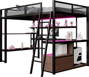 Łóżko piętrowe metalowe dla dzieci - 140 x 200 cm - ze zintegrowanym biurkiem + oświetlenie LED + schowek - czarne