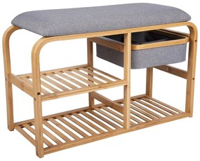 Bambusowy regał na buty z szarym siedziskiem Leitmotiv Bench, szer. 70 cm