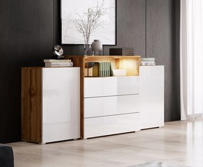 Komoda 150 cm do salonu z LED – nowoczesna stojąca z 3 szufladami, korpus dąb wotan, fronty biały połysk