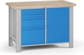 Stół warsztatowy G7, blat bukowy, 1200 x 685 x 840 mm, 1x szafka, 4x szuflada, niebieski