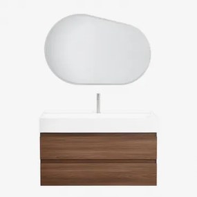 Zestaw Wiszących Mebli Łazienkowych Z Drewna I Forniru Jesionowego Zintegrowany Z Umywalką Ona Owalna Lampa Led I Przeciwmgielna 100x80 Cm Riben & Cie