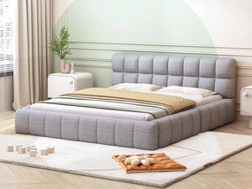 Łóżko podwójne tapicerowane 140x200cm z tkaniny lnianej - z grubym oparciem i stelażem na listwy - Szare