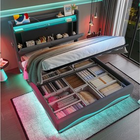 Łóżko tapicerowane ze schowkiem - 160 x 200 cm - zagłówek z diodami LED i półkami - z portami USB + kieszenie boczne - szare - aksamitne