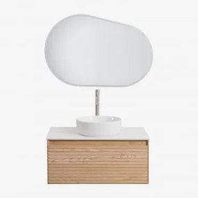 Zestaw Wiszących Mebli Łazienkowych Z Drewna Jesionowego Tedrik Popielaty Brąz & Okrągły Ceramiczny Biały Ø40 - Sklum