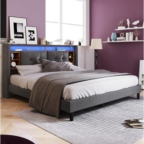 Łóżko 160x200 cm - Szary len - Tapicerowane łóżko z ładowaniem USB i oświetleniem LED - Stelaż z drewnianych listewek - Bez materaca