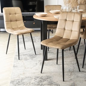 Zestaw Stół Okrągły Rozkładany HARRY 102-142 cm Dąb Craft/Czarny i 4 Krzesła Tapicerowane PERU Beżowe Welurowe Nowoczesne